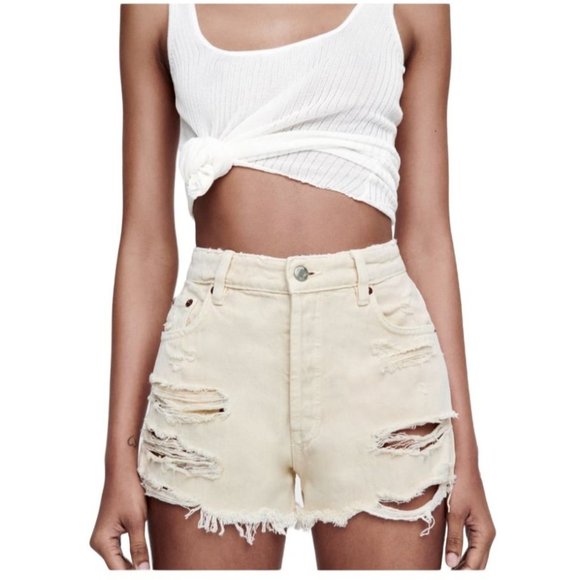 Zara Pants - Zara Yellow Denim Distressed High Waist Shorts